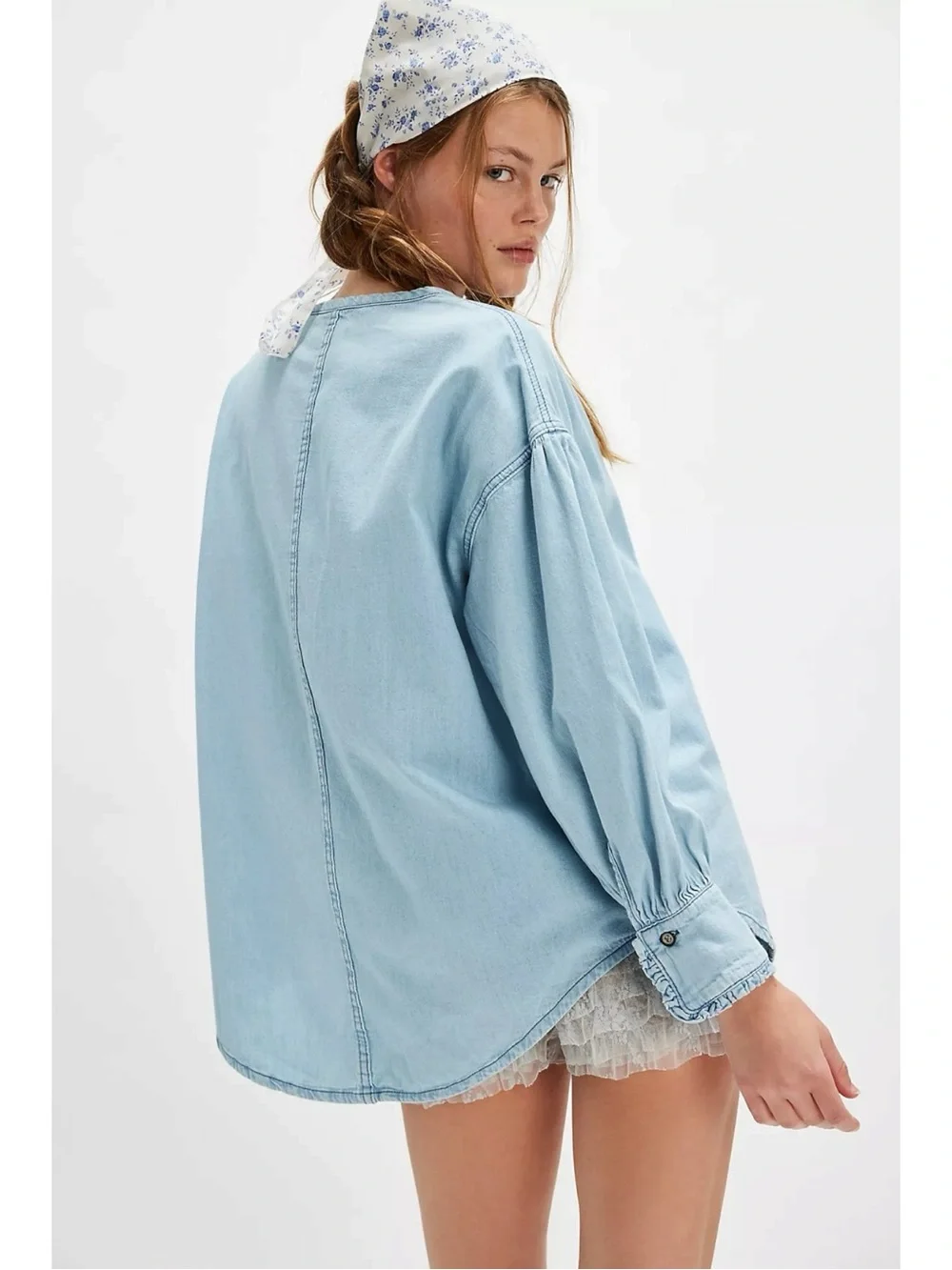 Free People Bohemian Oversized Denim Chambray Dreaming Pullover Tunic Shirt XS